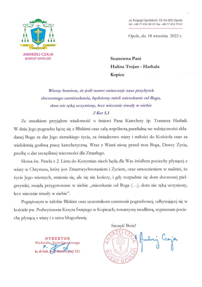 kondolencje sp tomasz harhala